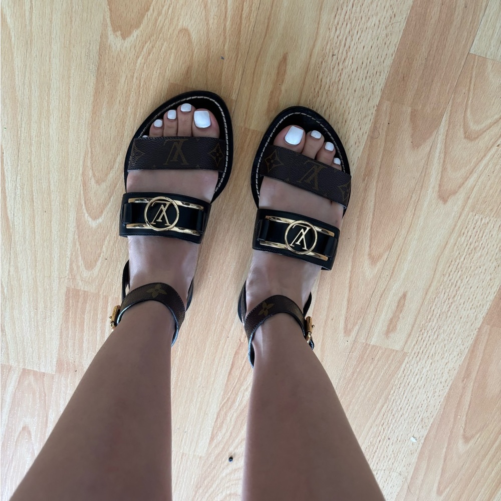 Louis Vuitton Brown Monogram Ankle-Strap Sandals with Gold Hardware